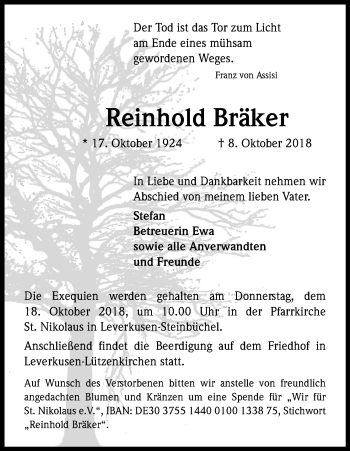 Anzeige von Reinhold Bräker von Kölner Stadt-Anzeiger / Kölnische Rundschau / Express