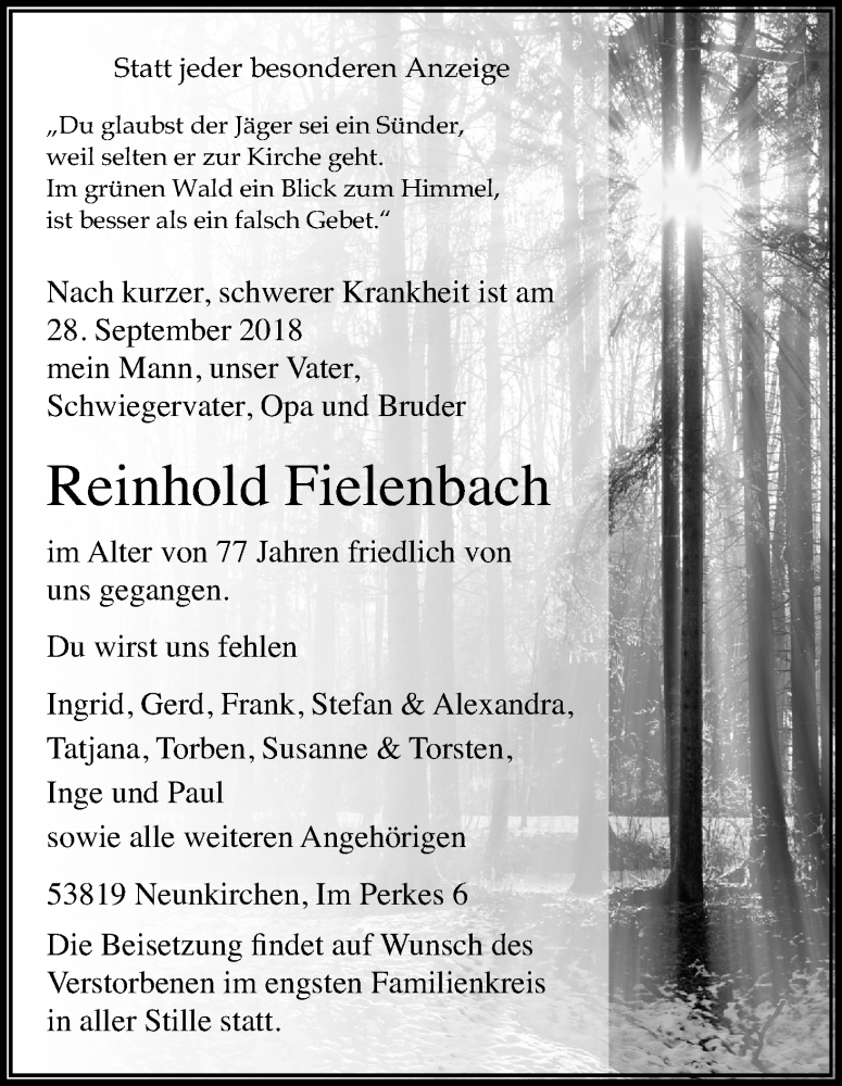  Traueranzeige für Reinhold Fielenbach vom 06.10.2018 aus Kölner Stadt-Anzeiger / Kölnische Rundschau / Express