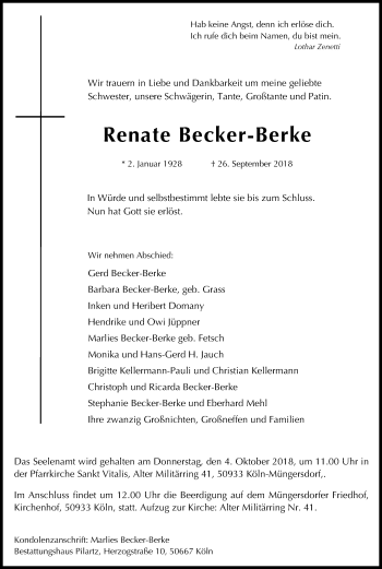 Anzeige von Renate Becker-Berke von Kölner Stadt-Anzeiger / Kölnische Rundschau / Express