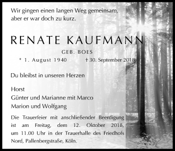 Anzeige von Renate Kaufmann von Kölner Stadt-Anzeiger / Kölnische Rundschau / Express