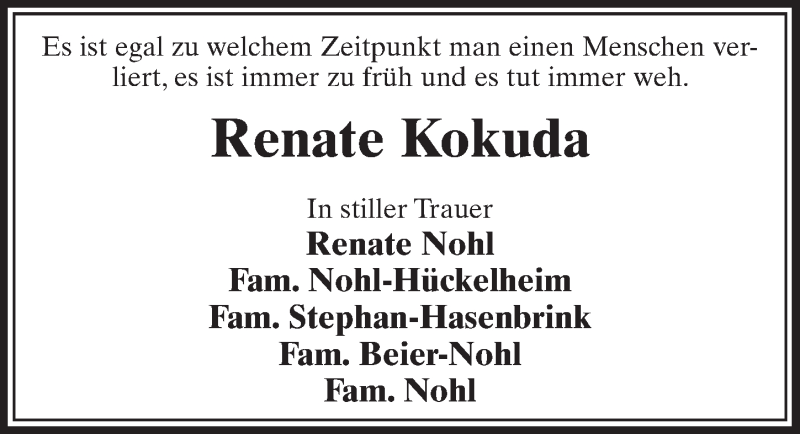  Traueranzeige für Renate Kokuda vom 10.10.2018 aus  Schlossbote/Werbekurier 