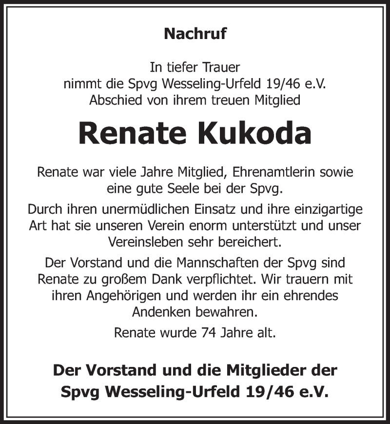  Traueranzeige für Renate Kukoda vom 17.10.2018 aus  Schlossbote/Werbekurier 