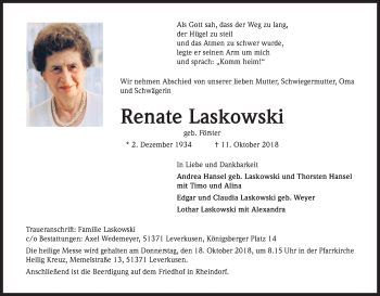 Anzeige von Renate Laskowski von Kölner Stadt-Anzeiger / Kölnische Rundschau / Express