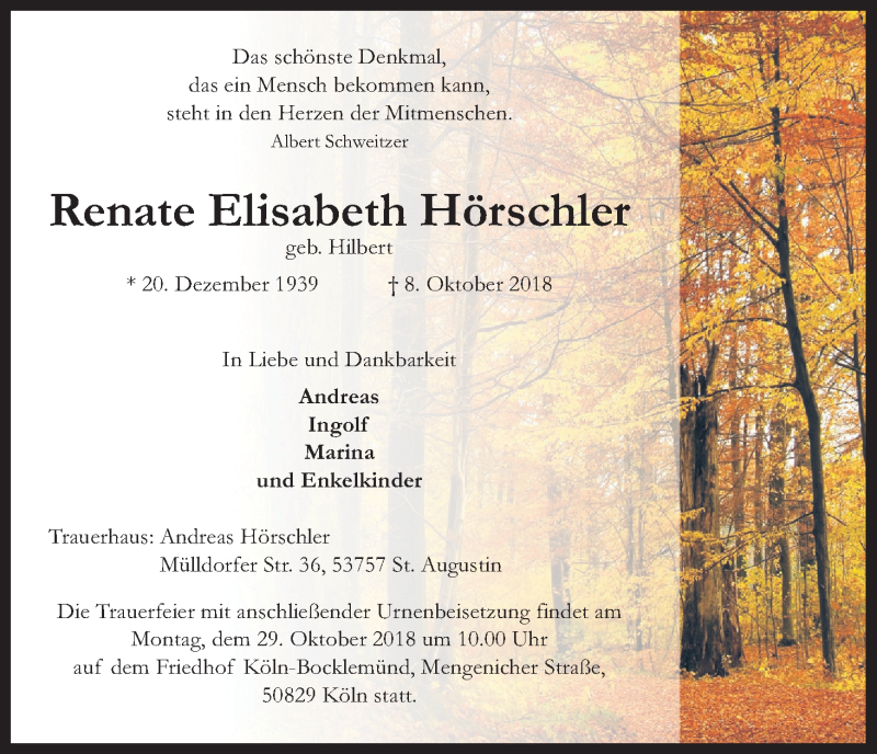  Traueranzeige für Renate Elisabeth Hörschler vom 27.10.2018 aus Kölner Stadt-Anzeiger / Kölnische Rundschau / Express
