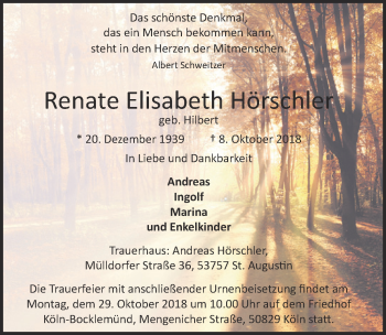Anzeige von Renate Elisabeth Hörschler von  Kölner Wochenspiegel 