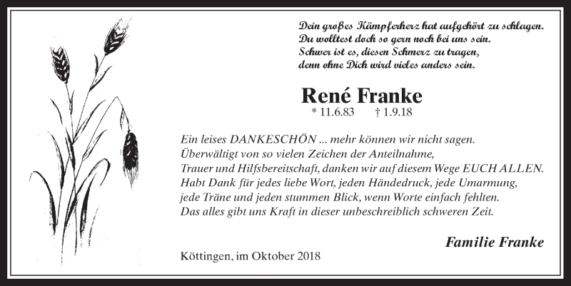  Traueranzeige für René Franke vom 03.10.2018 aus  Werbepost 