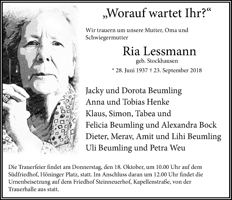 Traueranzeige für Ria Lessmann vom 13.10.2018 aus Kölner Stadt-Anzeiger / Kölnische Rundschau / Express
