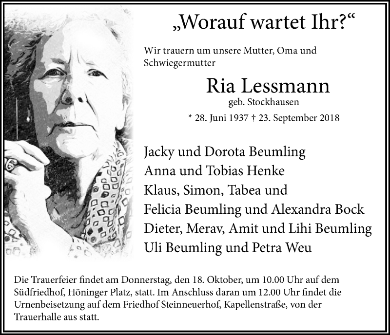  Traueranzeige für Ria Lessmann vom 06.10.2018 aus Kölner Stadt-Anzeiger / Kölnische Rundschau / Express