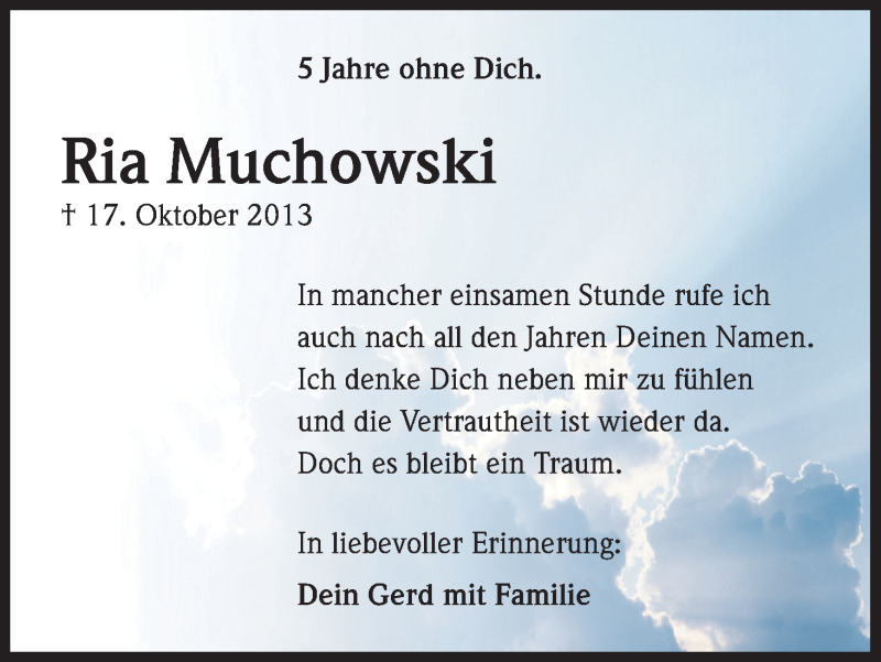  Traueranzeige für Ria Muchowski vom 17.10.2018 aus Kölner Stadt-Anzeiger / Kölnische Rundschau / Express