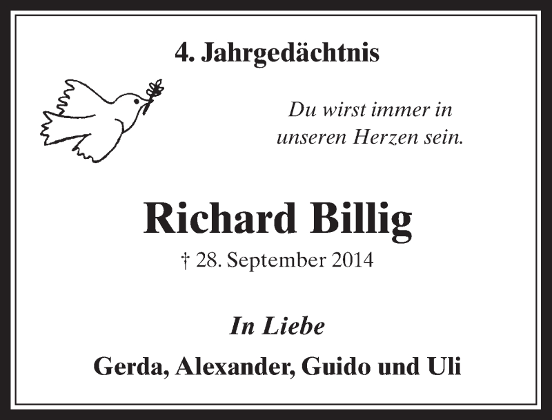  Traueranzeige für Richard Billig vom 10.10.2018 aus  Werbepost 