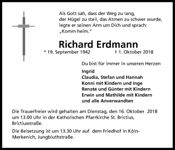 Anzeige von Richard Erdmann von Kölner Stadt-Anzeiger / Kölnische Rundschau / Express