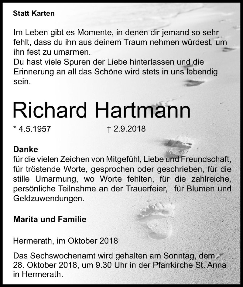  Traueranzeige für Richard Hartmann vom 13.10.2018 aus Kölner Stadt-Anzeiger / Kölnische Rundschau / Express