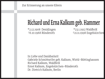 Anzeige von Richard Kalkum von Kölner Stadt-Anzeiger / Kölnische Rundschau / Express