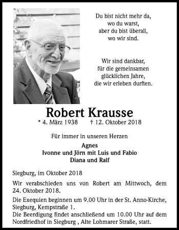 Anzeige von Robert Krausse von Kölner Stadt-Anzeiger / Kölnische Rundschau / Express