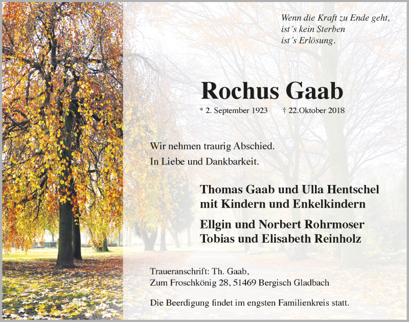  Traueranzeige für Rochus Gaab vom 31.10.2018 aus  Bergisches Handelsblatt 