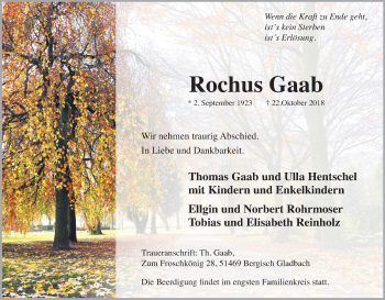 Anzeige von Rochus Gaab von Kölner Stadt-Anzeiger / Kölnische Rundschau / Express