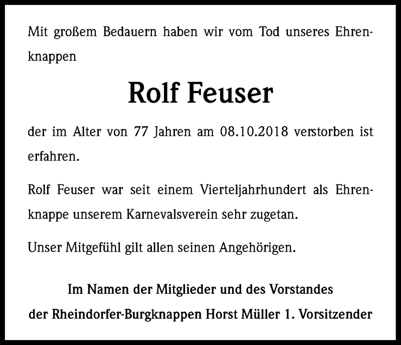  Traueranzeige für Rolf Feuser vom 17.10.2018 aus Kölner Stadt-Anzeiger / Kölnische Rundschau / Express