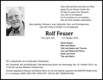 Anzeige von Rolf Feuser von Kölner Stadt-Anzeiger / Kölnische Rundschau / Express