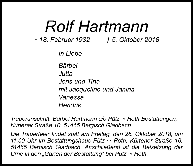  Traueranzeige für Rolf Hartmann vom 17.10.2018 aus Kölner Stadt-Anzeiger / Kölnische Rundschau / Express