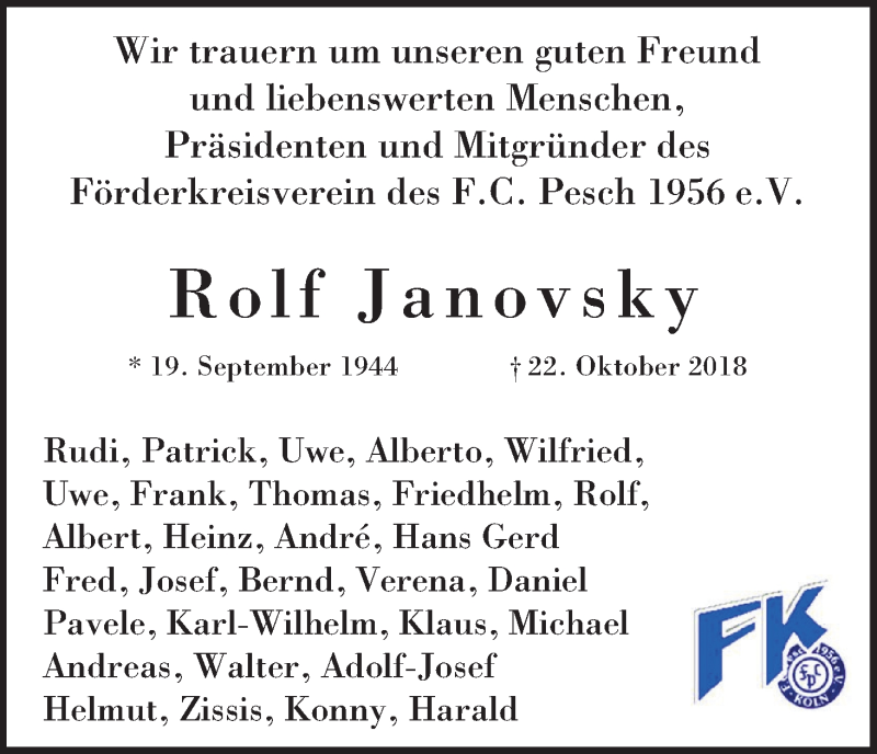  Traueranzeige für Rolf Janovsky vom 31.10.2018 aus Kölner Stadt-Anzeiger / Kölnische Rundschau / Express