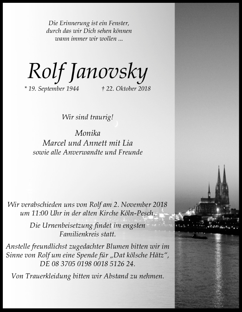  Traueranzeige für Rolf Janovsky vom 27.10.2018 aus Kölner Stadt-Anzeiger / Kölnische Rundschau / Express