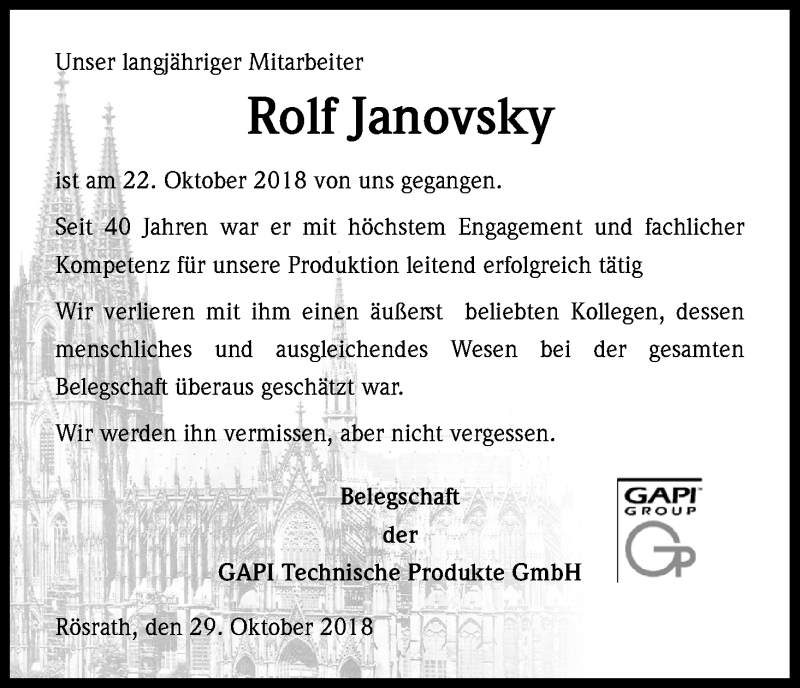  Traueranzeige für Rolf Janovsky vom 31.10.2018 aus Kölner Stadt-Anzeiger / Kölnische Rundschau / Express