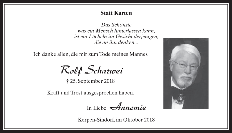  Traueranzeige für Rolf Scharwei vom 24.10.2018 aus  Werbepost 