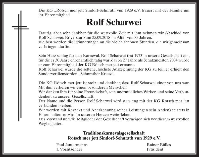  Traueranzeige für Rolf Scharwei vom 03.10.2018 aus  Werbepost 