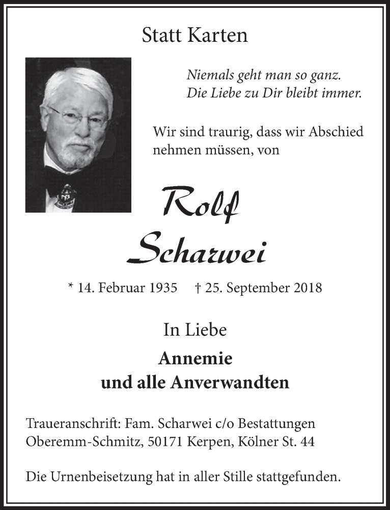  Traueranzeige für Rolf Scharwei vom 06.10.2018 aus  Sonntags-Post 