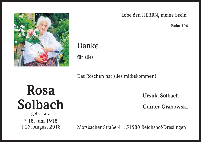  Traueranzeige für Rosa Solbach vom 06.10.2018 aus Kölner Stadt-Anzeiger / Kölnische Rundschau / Express