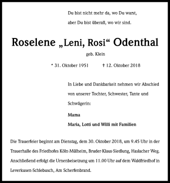 Anzeige von Roselene  Odenthal von Kölner Stadt-Anzeiger / Kölnische Rundschau / Express