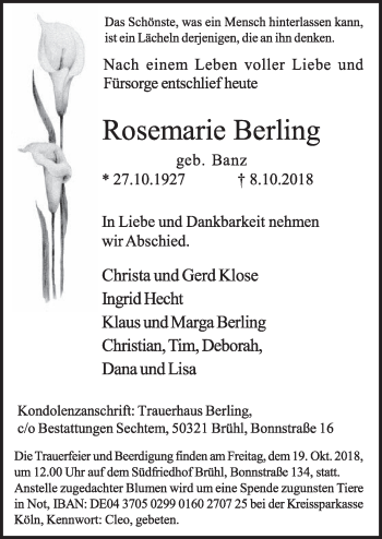 Anzeige von Rosemarie Berling von  Schlossbote/Werbekurier 