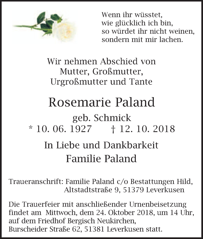  Traueranzeige für Rosemarie Paland vom 20.10.2018 aus Kölner Stadt-Anzeiger / Kölnische Rundschau / Express