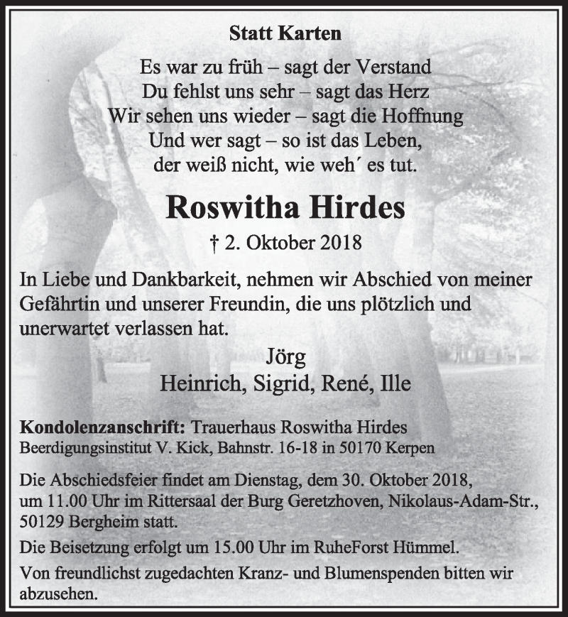  Traueranzeige für Roswitha Hirdes vom 20.10.2018 aus  Sonntags-Post 