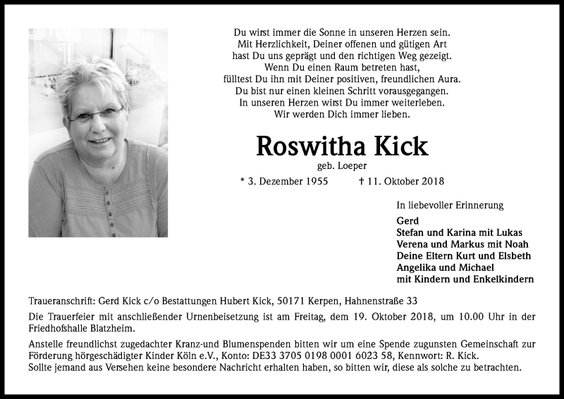  Traueranzeige für Roswitha Kick vom 17.10.2018 aus Kölner Stadt-Anzeiger / Kölnische Rundschau / Express