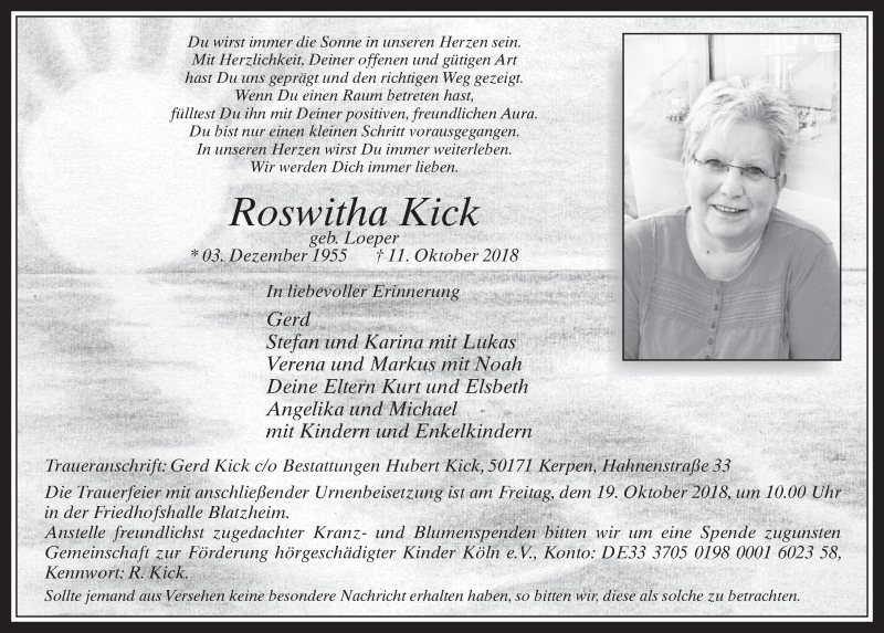  Traueranzeige für Roswitha Kick vom 17.10.2018 aus  Werbepost 
