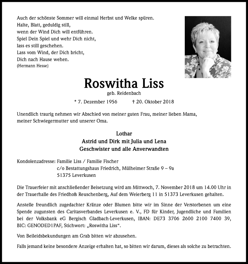  Traueranzeige für Roswitha Liss vom 27.10.2018 aus Kölner Stadt-Anzeiger / Kölnische Rundschau / Express