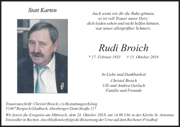 Anzeige von Rudi Broich von Kölner Stadt-Anzeiger / Kölnische Rundschau / Express
