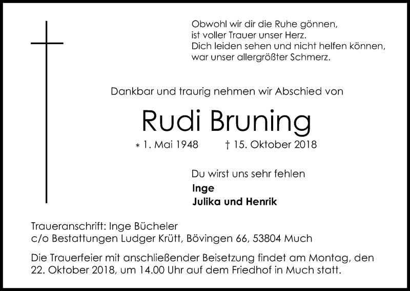  Traueranzeige für Rudi Bruning vom 17.10.2018 aus Kölner Stadt-Anzeiger / Kölnische Rundschau / Express