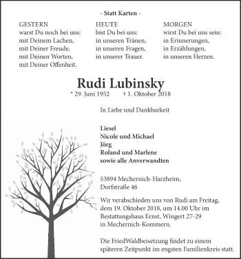 Anzeige von Rudi Lubinsky von  Blickpunkt Euskirchen 