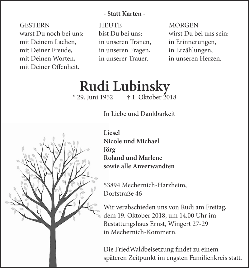  Traueranzeige für Rudi Lubinsky vom 13.10.2018 aus  Blickpunkt Euskirchen 