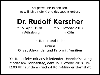 Anzeige von Rudolf Kerscher von Kölner Stadt-Anzeiger / Kölnische Rundschau / Express