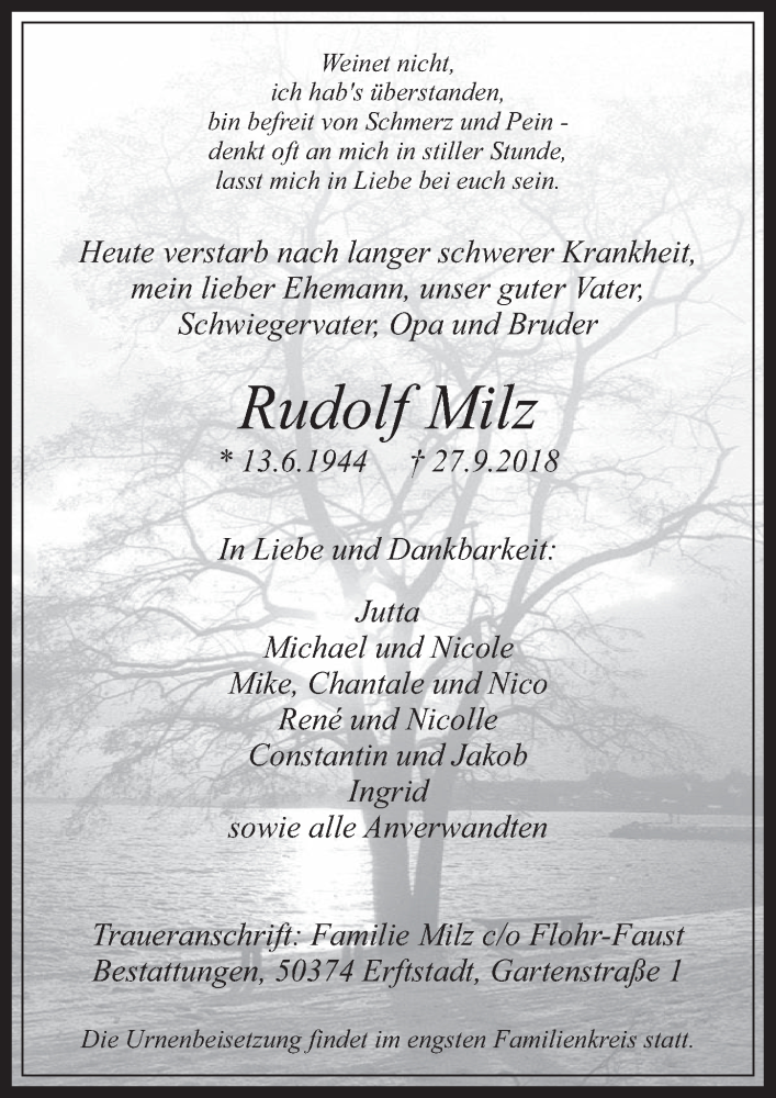  Traueranzeige für Rudolf Milz vom 03.10.2018 aus  Werbepost 