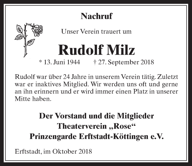  Traueranzeige für Rudolf Milz vom 10.10.2018 aus  Werbepost 