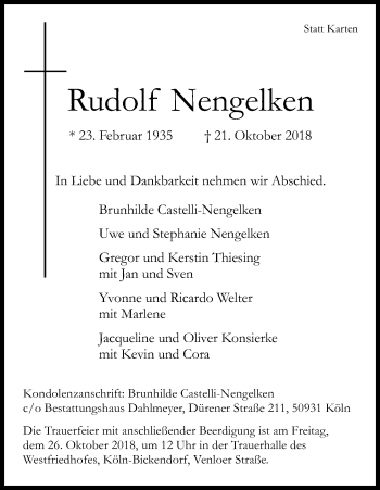 Anzeige von Rudolf Nengelken von Kölner Stadt-Anzeiger / Kölnische Rundschau / Express