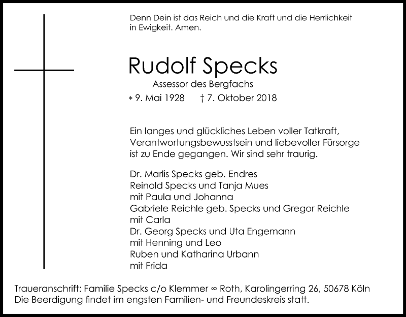  Traueranzeige für Rudolf Specks vom 13.10.2018 aus Kölner Stadt-Anzeiger / Kölnische Rundschau / Express