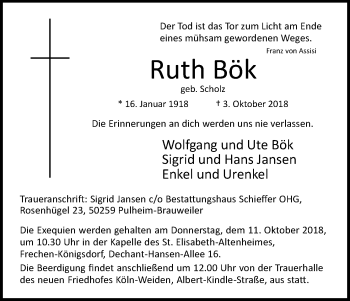 Anzeige von Ruth Bök von Kölner Stadt-Anzeiger / Kölnische Rundschau / Express