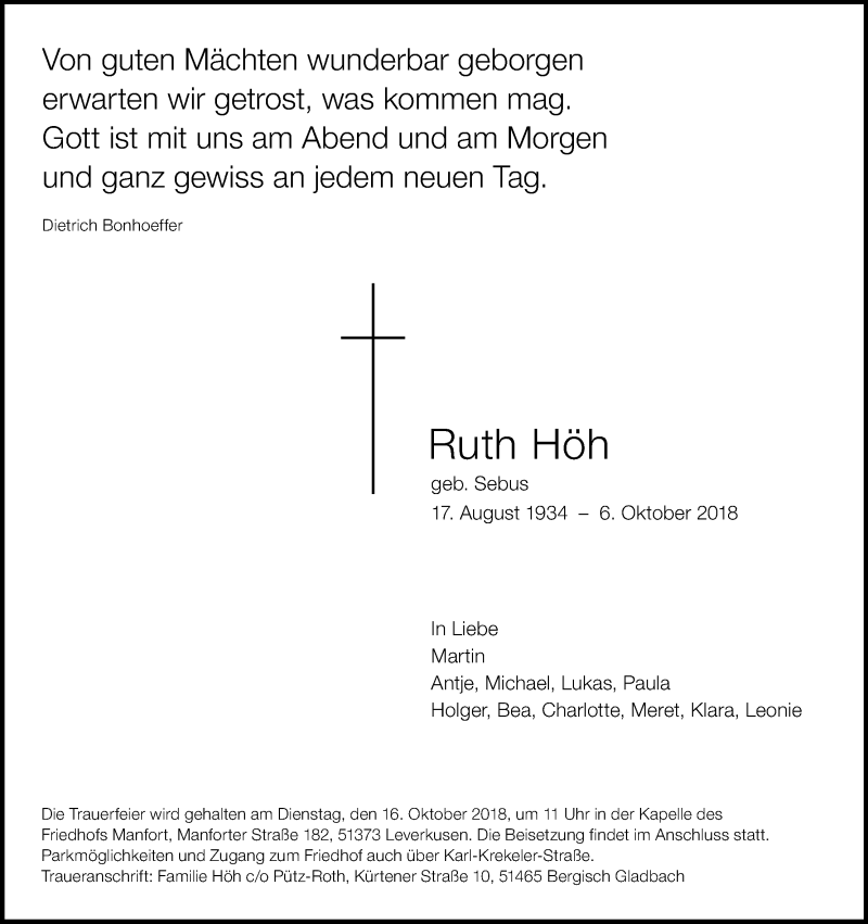  Traueranzeige für Ruth Höh vom 13.10.2018 aus Kölner Stadt-Anzeiger / Kölnische Rundschau / Express