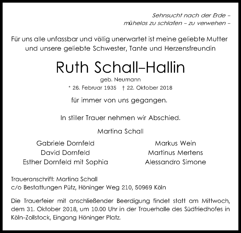  Traueranzeige für Ruth Schall-Hallin vom 27.10.2018 aus Kölner Stadt-Anzeiger / Kölnische Rundschau / Express