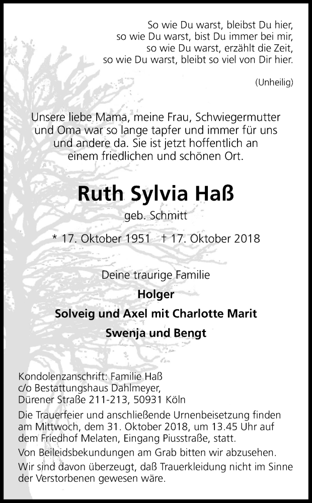  Traueranzeige für Ruth Sylvia Haß vom 27.10.2018 aus Kölner Stadt-Anzeiger / Kölnische Rundschau / Express